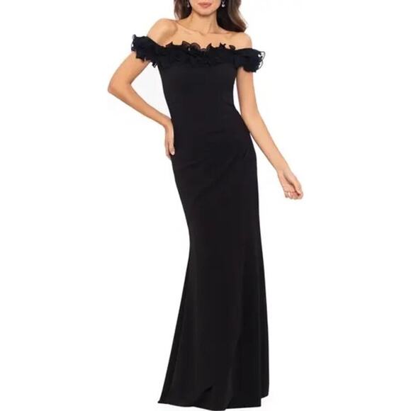 NWT Xscape Ruffle Off the Shoulder Scuba Crepe Gown Women's Black Size 14 - Picture 1 of 7